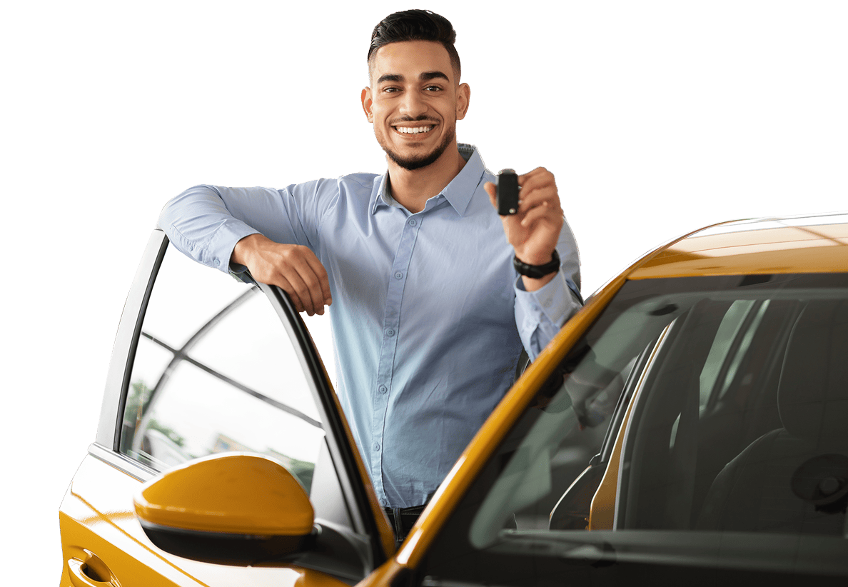 Wealthy middle eastern businessman holding the keys to his car standing next to his car's passenger side door.